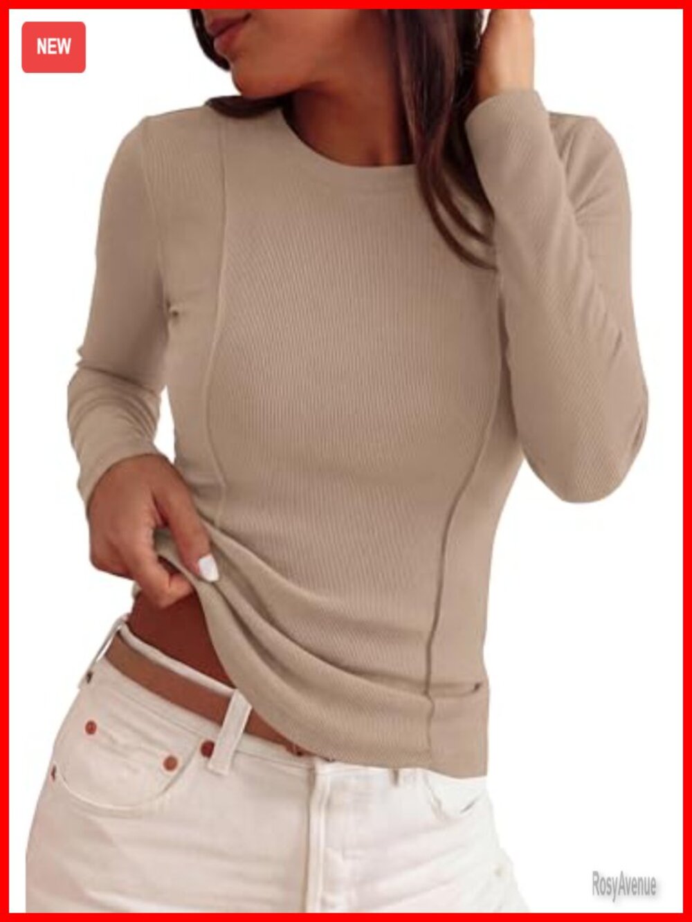 Womens Long Sleeve Ribbed Crew Neck Slim Fit Basic Tee Fall Top